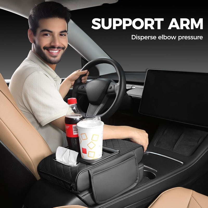 FREETOO Car Center Console Cover, Leather Armrest Cover for Car, Universal Middle Console Cushion with Storage Box, Cup Holder, Tissue Box & Phone Slot, Luxury Waterproof Interior Accessories, Black - Image 3